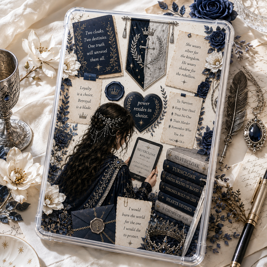 Royal fantasy Kindle insert collage in navy and silver with cloaks, crowns, roses, rebellion notes and a jeweled reader