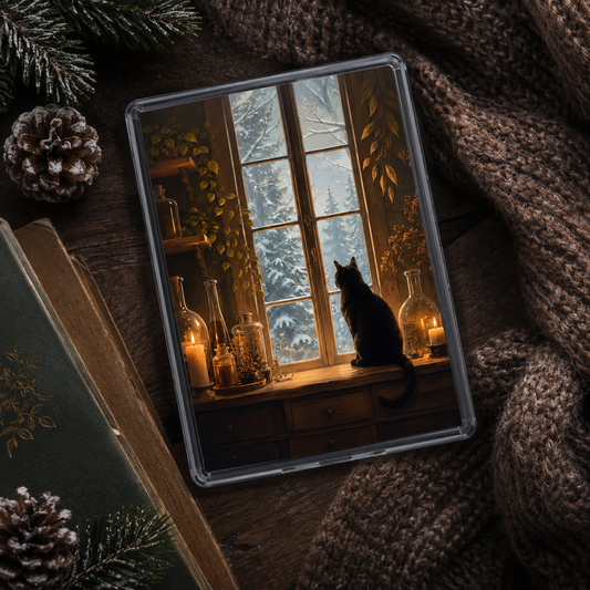 Snowbound Familiar Kindle insert beneath a clear case with a black cat, snowy window, candlelit bottles, greenery, and warm winter styling