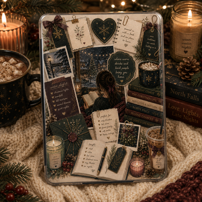A square decorative gift box filled with cozy Christmas-themed stationery, cards, notes, a small candle, a pen, and a drink, styled on a knitted blanket with candles, books, and evergreen branches around it.