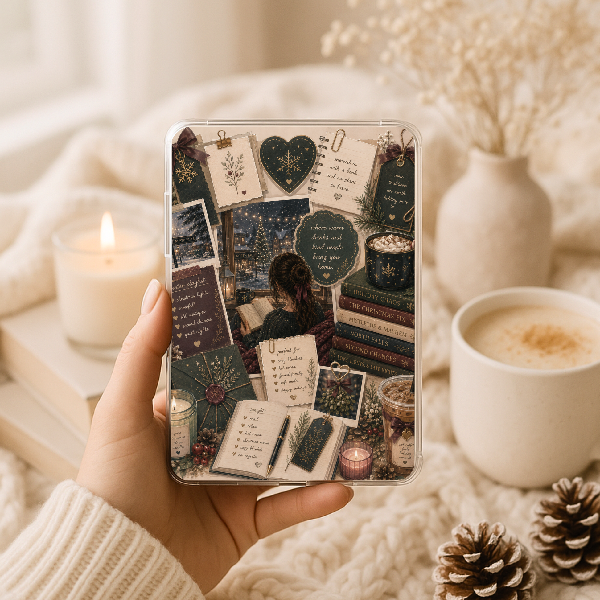 A hand holds a clear phone case decorated with a cozy Christmas collage print, set against a warm, soft-focus background of a lit candle, a mug of coffee, and dried flowers.