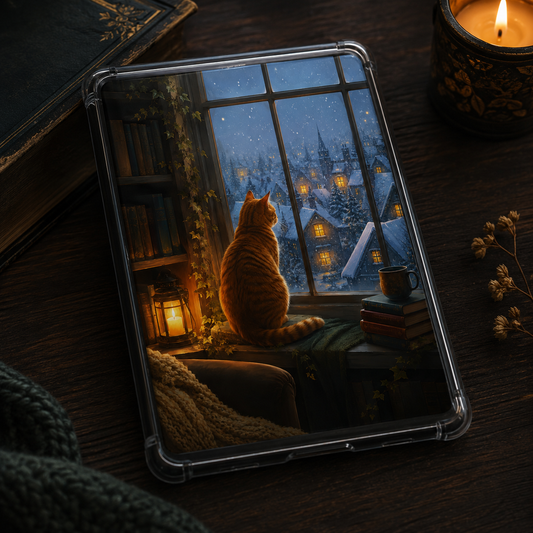 Snowfall Library Cat Kindle insert beneath a clear case with an orange cat, snowy village, antique books, lantern, ivy, and warm winter reading nook