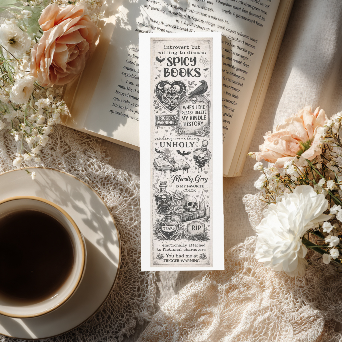 Dark romance bookmark featuring gothic illustrations and quotes about spicy books and morally grey characters