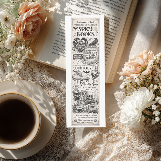 Dark romance bookmark featuring gothic illustrations and quotes about spicy books and morally grey characters