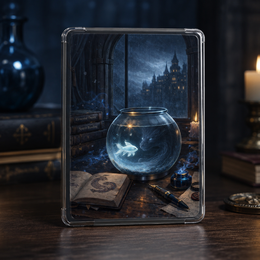 Dark academia Kindle insert with glowing white fish in magical fishbowl, fantasy castle and spell books