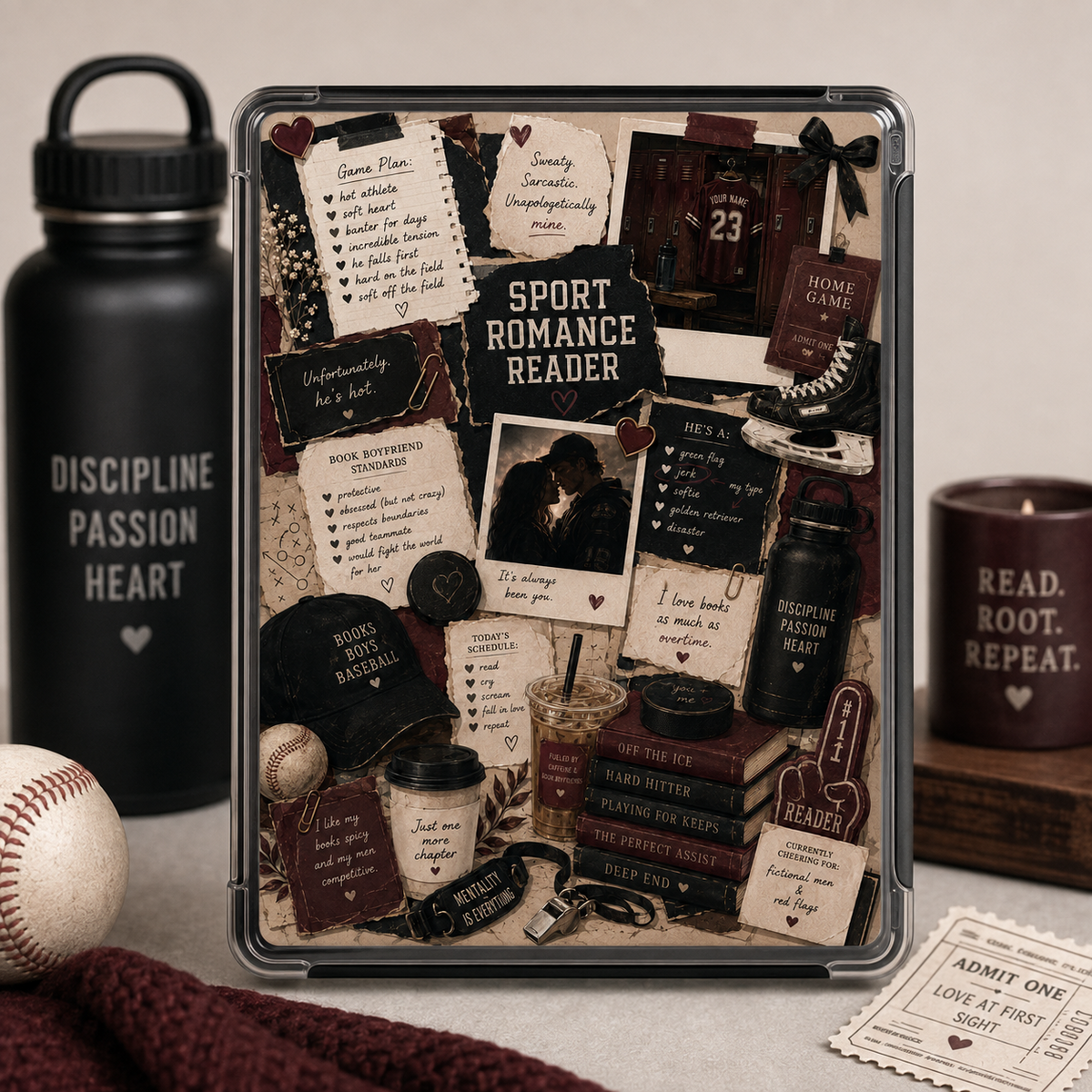 Sports romance Kindle insert collage with baseball and hockey details, athlete romance tropes, books, coffee and burgundy ephemera.