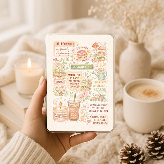 Spring bookish Kindle clear case insert with floral reading quotes and cozy aesthetic
