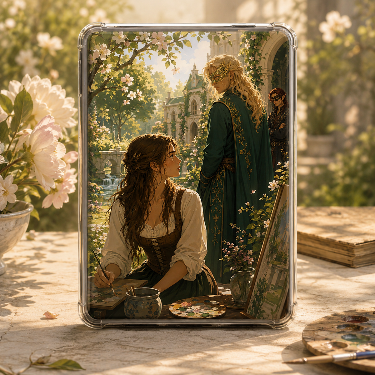 Spring court fantasy Kindle insert with painter, masked fae and flowering manor garden