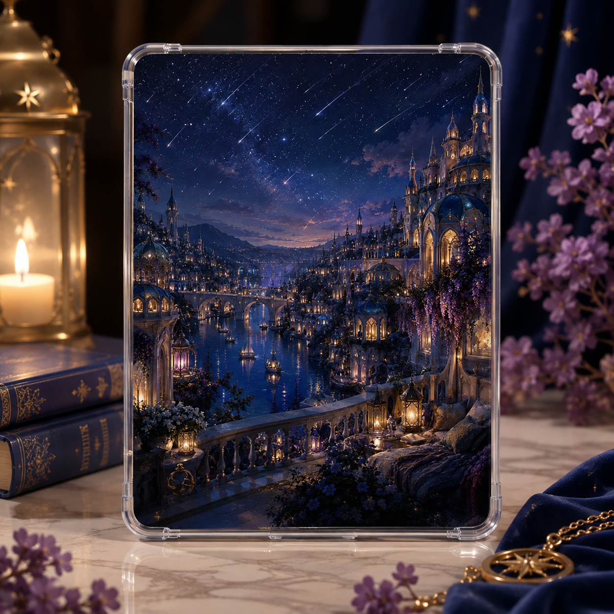 Romantasy Kindle insert featuring an illuminated blue and purple fantasy city beneath a sky full of shooting stars.