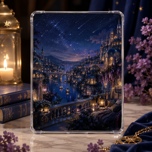 Romantasy Kindle insert featuring an illuminated blue and purple fantasy city beneath a sky full of shooting stars.