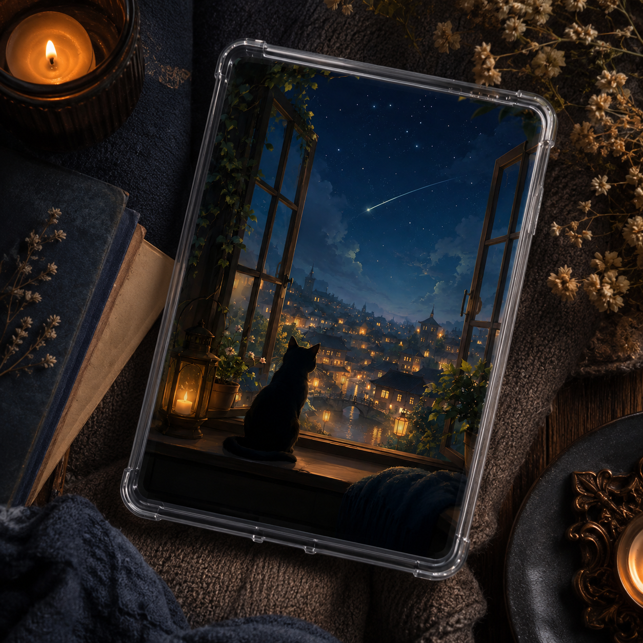 Starlit Familiar Kindle insert beneath a clear case with a black cat, shooting star, glowing city, open windows, and warm lantern light