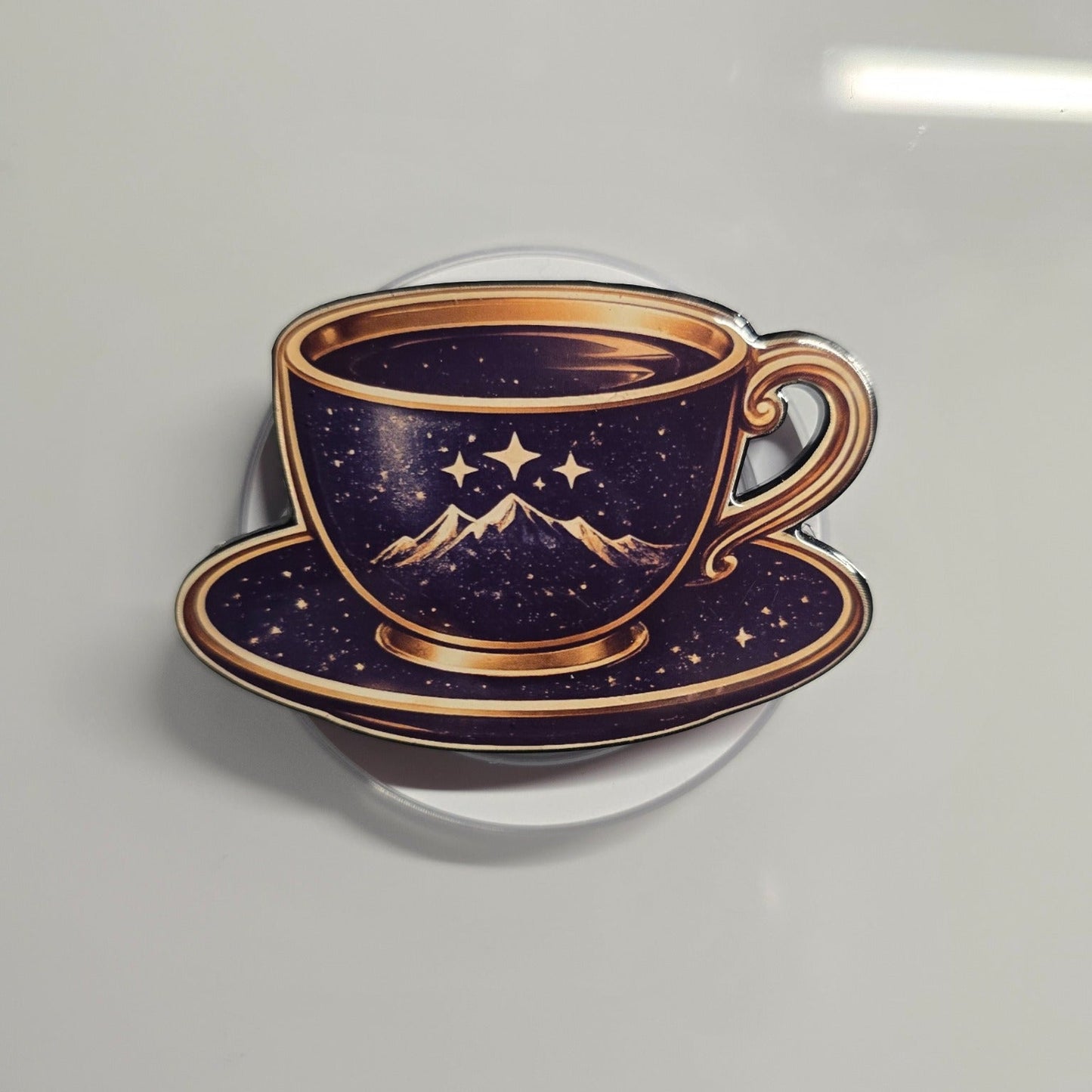 Starry night tea cup MagSafe Kindle grip removable cozy fantasy reading accessory
