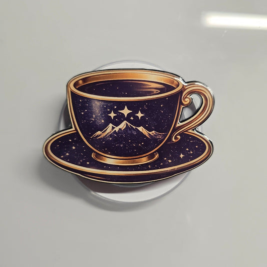 Starry night tea cup MagSafe Kindle grip removable cozy fantasy reading accessory

