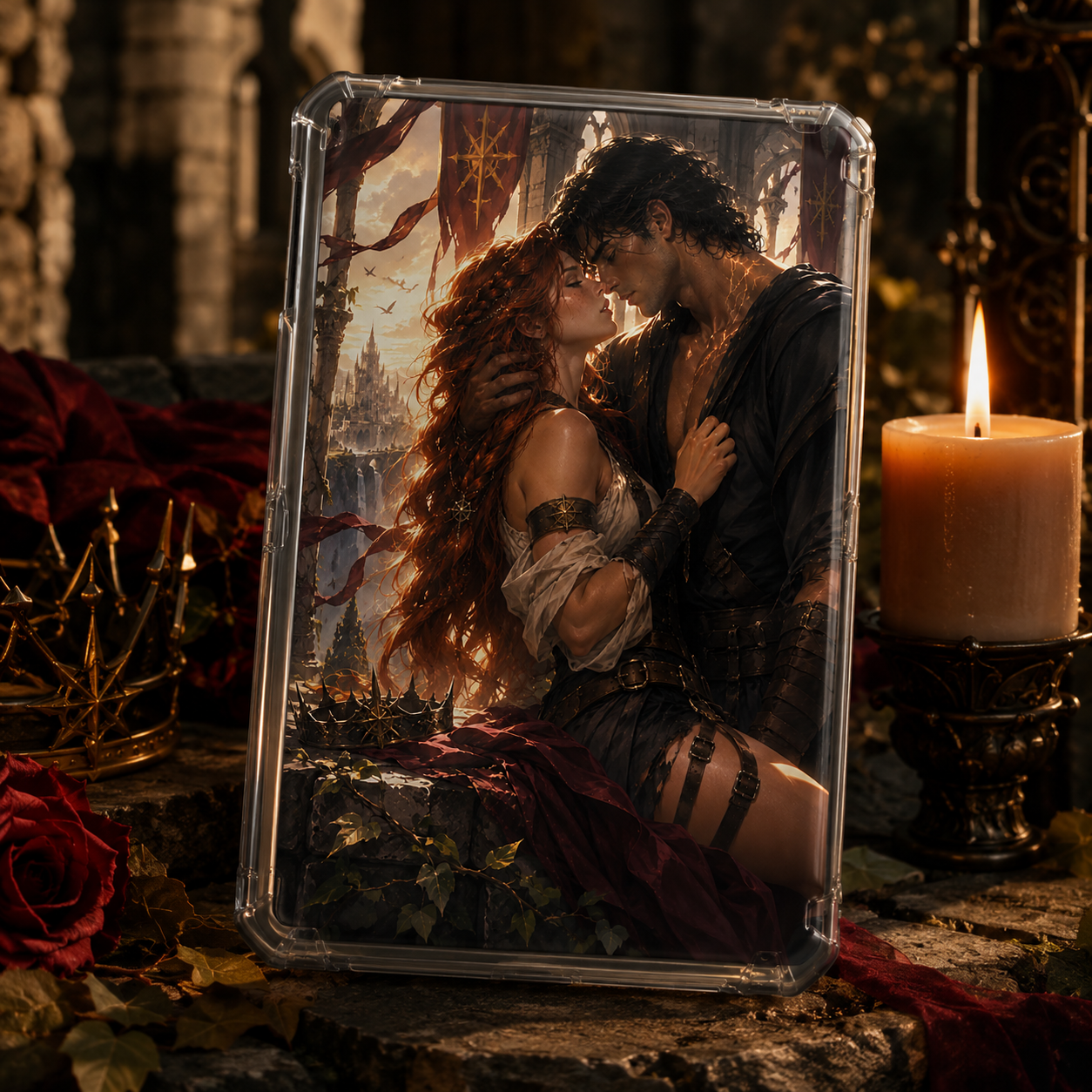 Dark fantasy romance Kindle insert with red-haired woman and dark-haired man in a ruined gothic setting