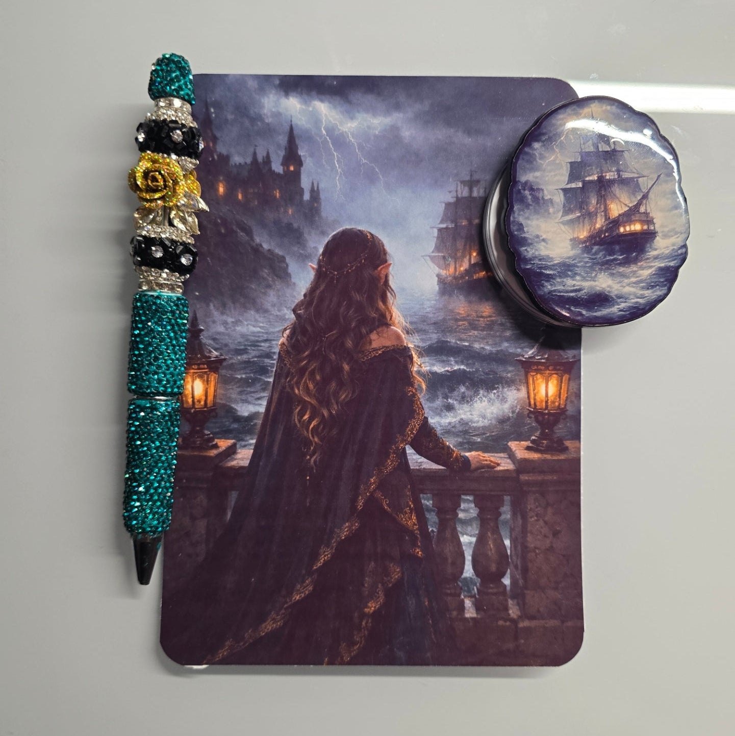 Dark romantasy fae woman overlooking stormy sea and gothic castle Kindle insert for clear case
