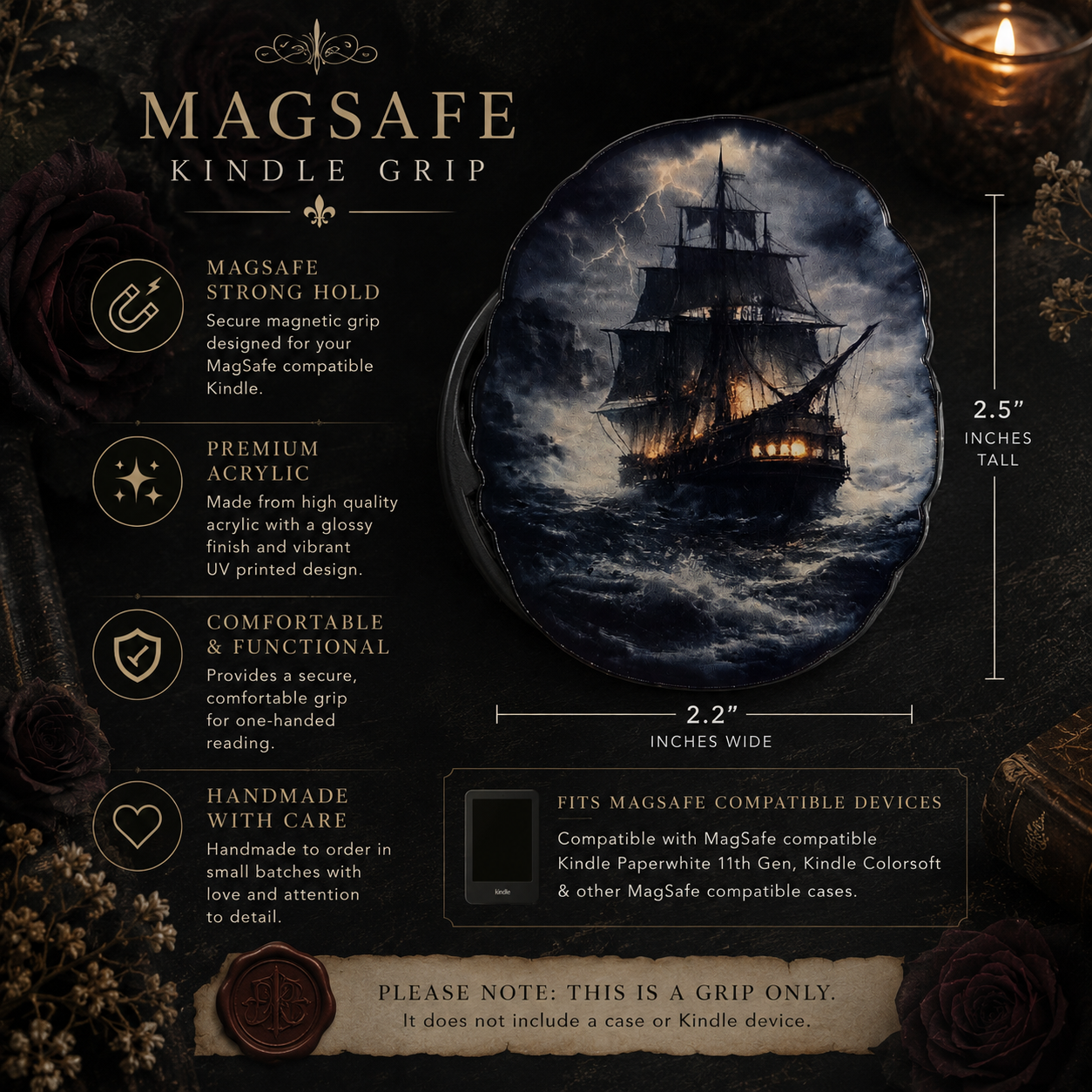 Stormy Ship MagSafe device grip attached to a device for a dark nautical reading setup