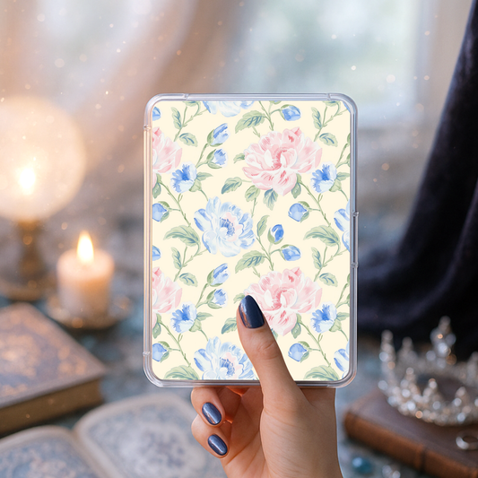 Vintage floral Kindle clear case insert with pastel flowers and cottagecore aesthetic
