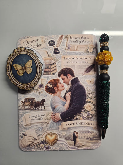 Vintage regency inspired Kindle insert with coordinating MagSafe grip and decorative beaded pen
