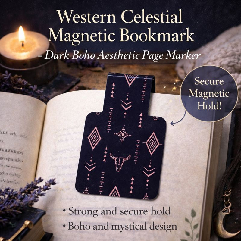 Western celestial magnetic bookmark with dark boho design clipped to an open book, showing secure magnetic hold and gentle page protection.