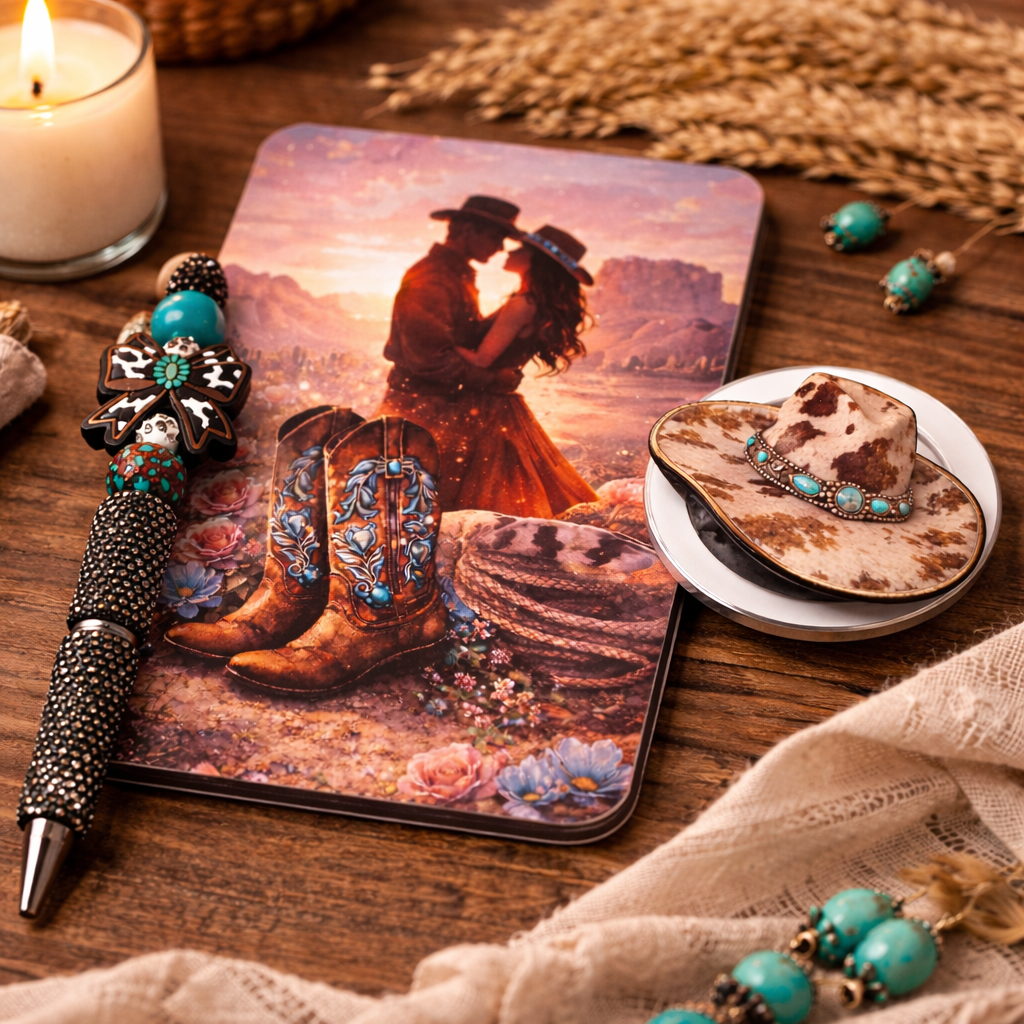Western romance Kindle accessory set with matching insert, cowhide MagSafe grip, and turquoise beaded pen
