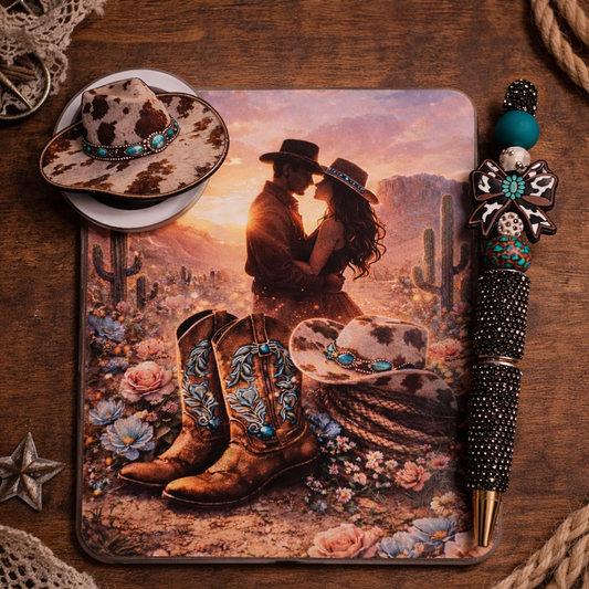 Western romance Kindle insert with sunset cowboy couple and turquoise boots aesthetic
