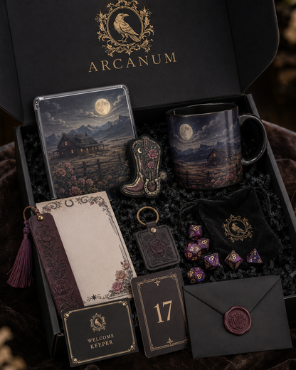 Arcanum mystery treasure box with candle, journal, notebook, keychain, bookmarks, and reader accessories