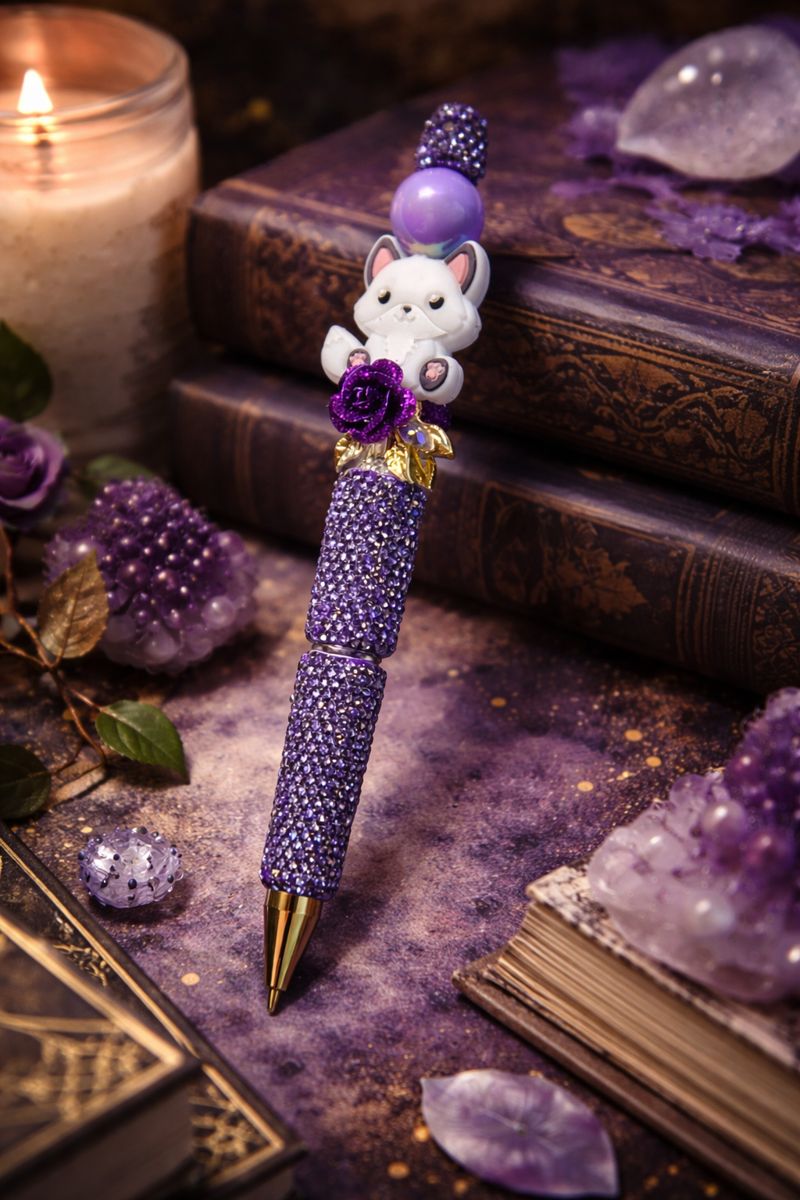 Handmade white fox inspired beaded pen with purple rhinestones, gold rose accent, and dark romance bookish aesthetic