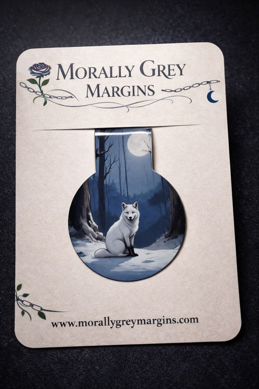 Handmade white fox magnetic bookmark with forest artwork, perfect for book lovers, BookTok readers, and cozy bookish accessories.
