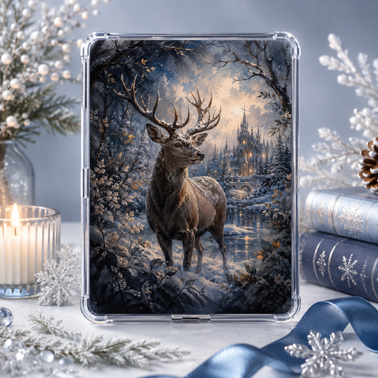 Winter fantasy Kindle insert with a stag in a snowy forest and a glowing castle beyond the trees.