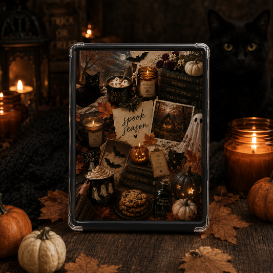 Witchy spooky season Kindle insert with black cat ghosts pumpkins candles and books.