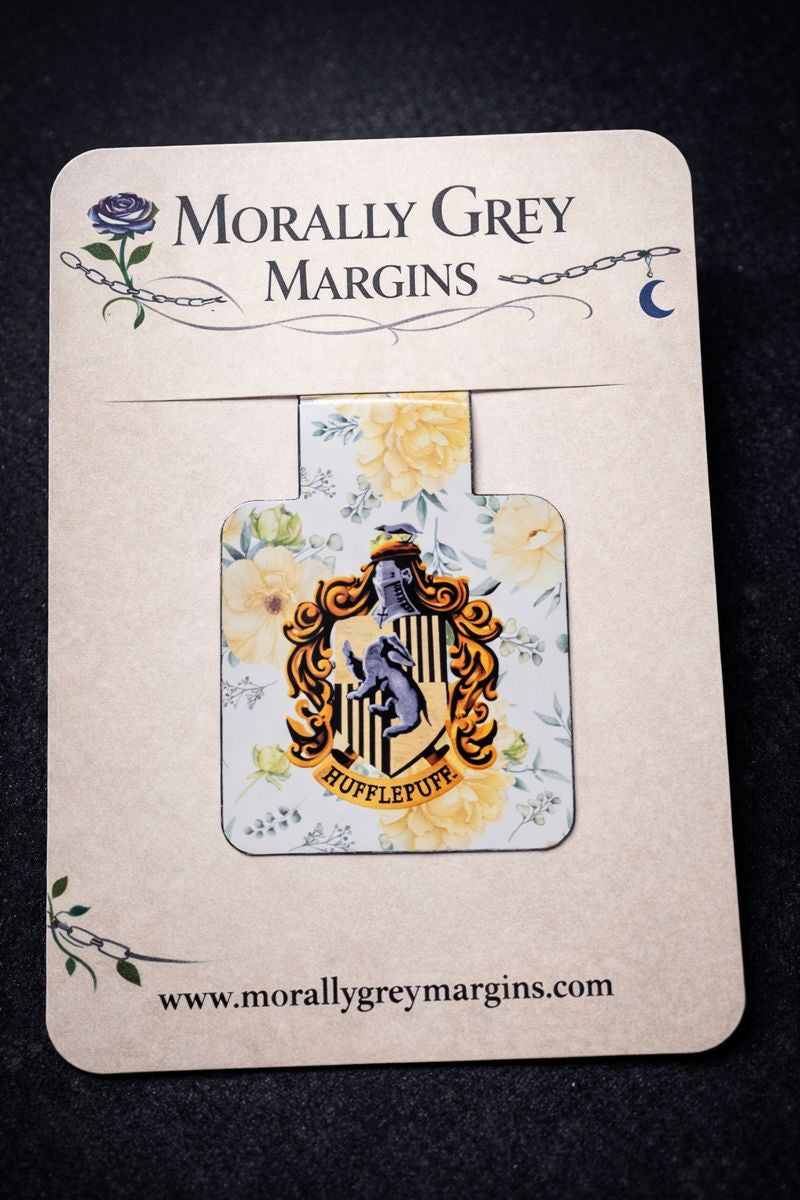 Yellow badger house inspired magnetic bookmark with floral background, handmade bookish accessory for book lovers and readers.