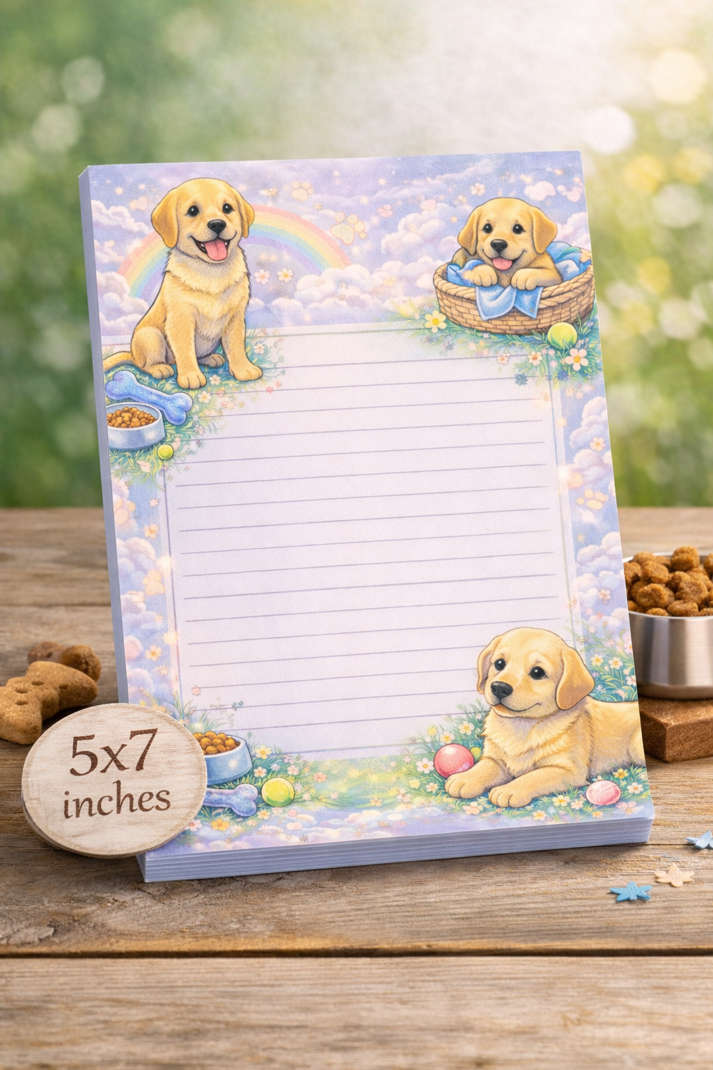 Cute yellow Labrador puppy themed 5x7 lined notepad with pastel dog design, rainbow sky, and flowers, 50 pages, handmade stationery